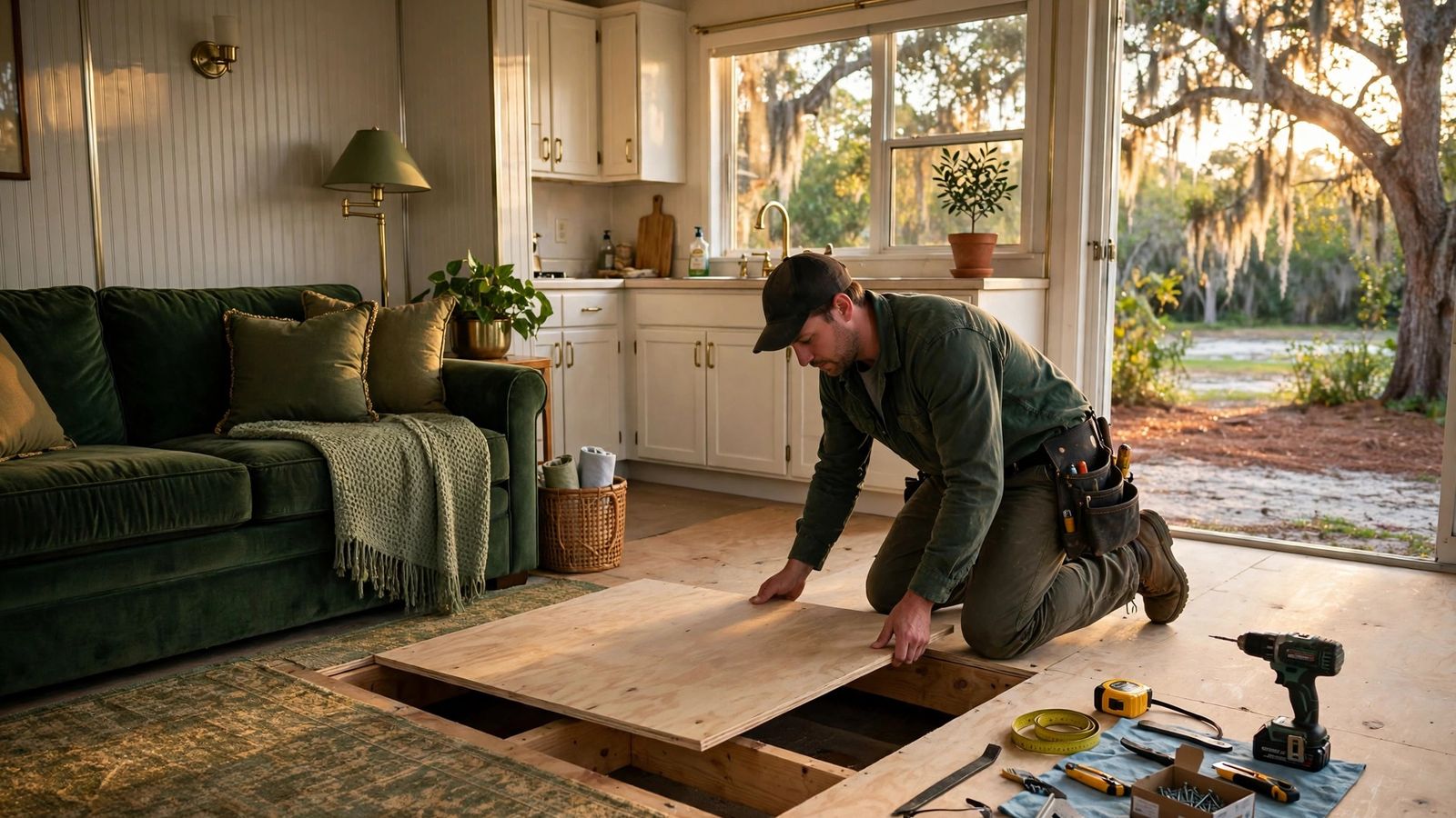 Worker fitting a new plywood subfloor panel inside a tidy mobile home