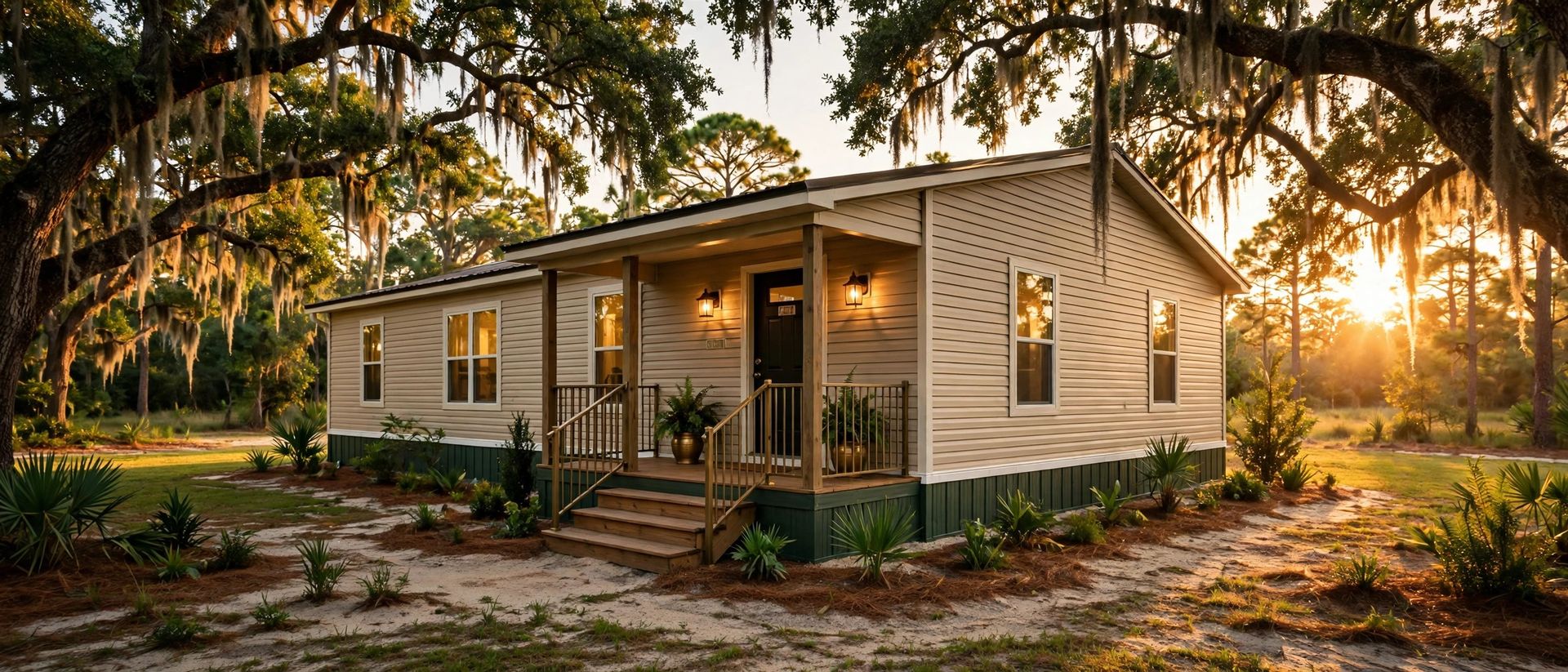 Well-kept manufactured home with deep green skirting under live oaks at golden hour in Ocala, Florida