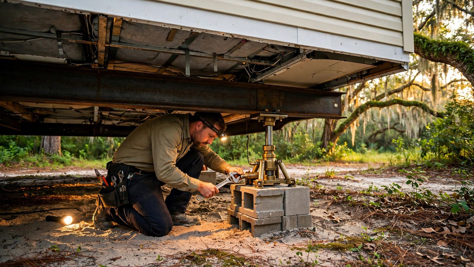 Technician re-leveling a manufactured home with a hydraulic jack