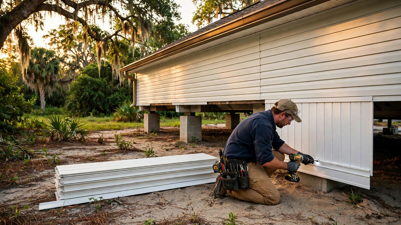 Worker installing new vinyl skirting panels on a manufactured home