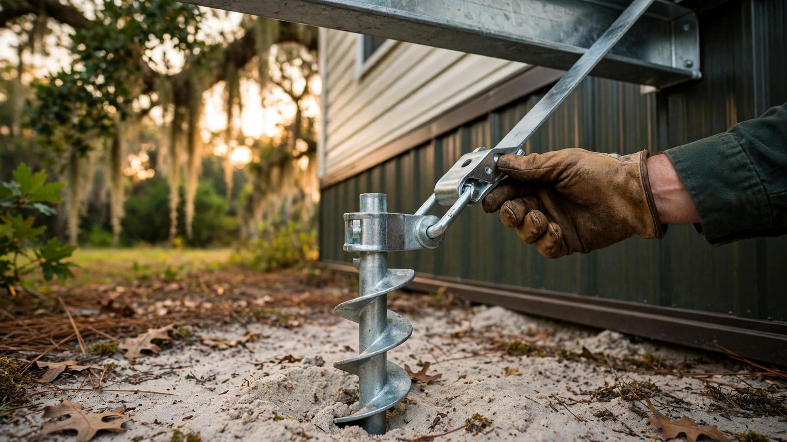 Close-up of a galvanized hurricane tie-down anchor and strap on a manufactured home