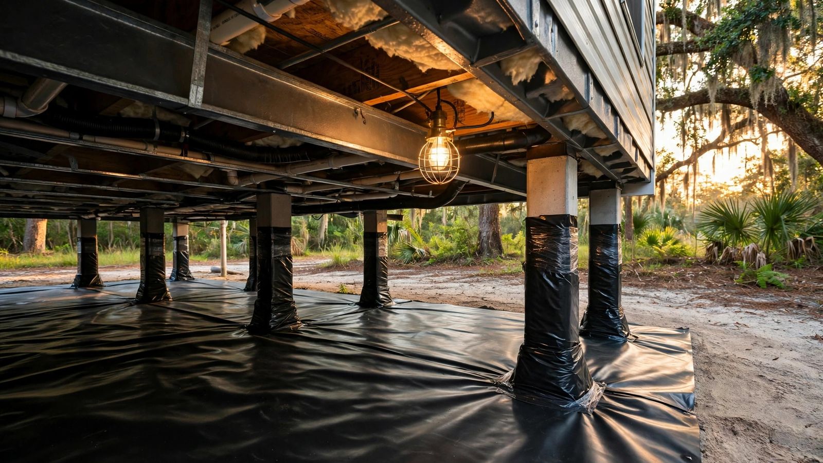 Clean crawlspace with new black vapor barrier and wrapped piers under a manufactured home
